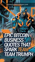 An orange-accented comic-style illustration depicting a futuristic scene. Large headline: "Epic bitcoin business quotes That Spark Team Triumph". Orange accents in detail.