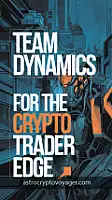 An orange-accented comic-style illustration depicting a futuristic scene. Large headline: "Team Dynamics For The crypto trader Edge". Orange accents in detail.