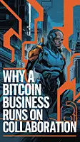 An orange-accented comic-style illustration depicting a futuristic scene. Large headline: "Why A bitcoin business Runs On Collaboration". Orange accents in detail.