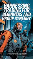 An orange-accented comic-style illustration depicting a futuristic scene. Large headline: "Harnessing trading for beginners And Group Synergy". Orange accents in detail.