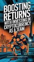 An orange-accented comic-style illustration depicting a futuristic scene. Large headline: "Boosting Returns With investing in cryptocurrency As A Team". Orange accents in detail.
