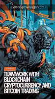 An orange-accented comic-style illustration depicting a futuristic scene. Large headline: "Teamwork With blockchain cryptocurrency And bitcoin trading". Orange accents in detail.