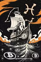 An orange-accented comic-style illustration depicting a futuristic scene. Large headline: "Pisces, Navigating the Crypto Waves". Orange accents in detail.